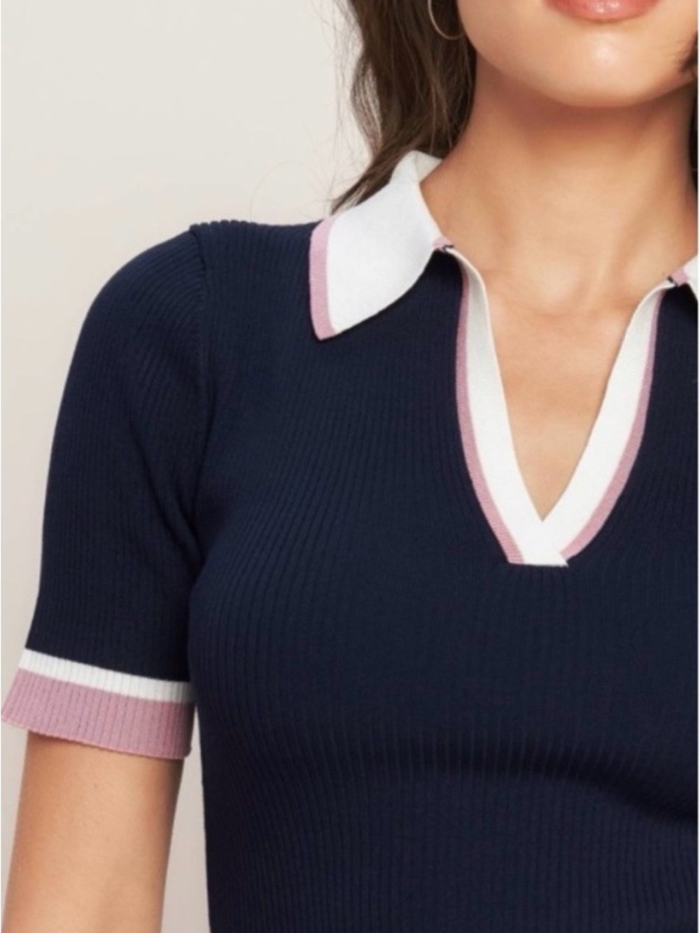 Navy Polo-Style Midi Dress with Pink Trim - Picture 3 of 5
